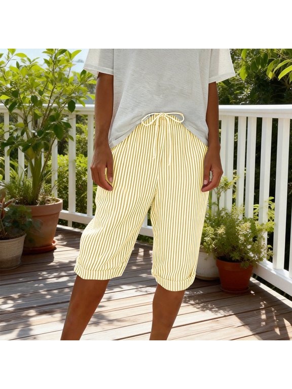 Women's Gingham Elastic Waist Capri Pants Summer Plaid Print Lounge Casual Culottes Loose Soft Knee Shorts