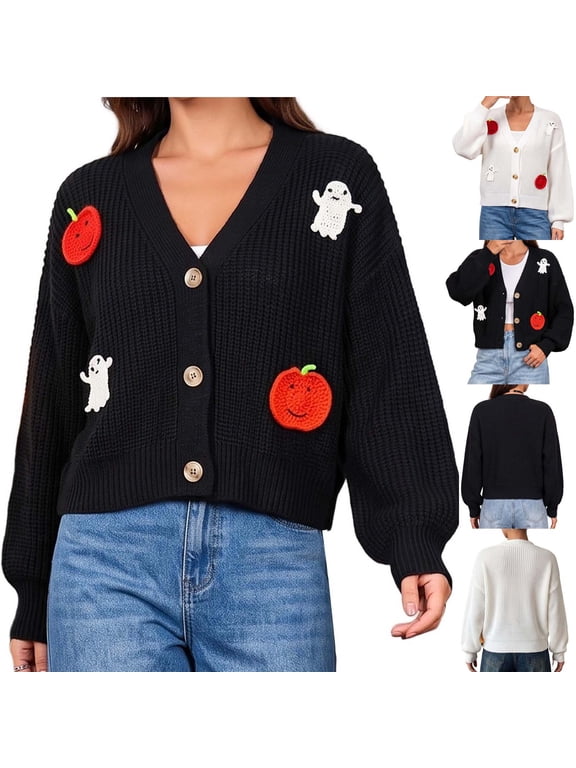 Women's Halloween Cardigan Ghost Patch Button Down V-Neck Cardigan Sweater Long Sleeve Cozy Knit Cardigan for Fall,White,L