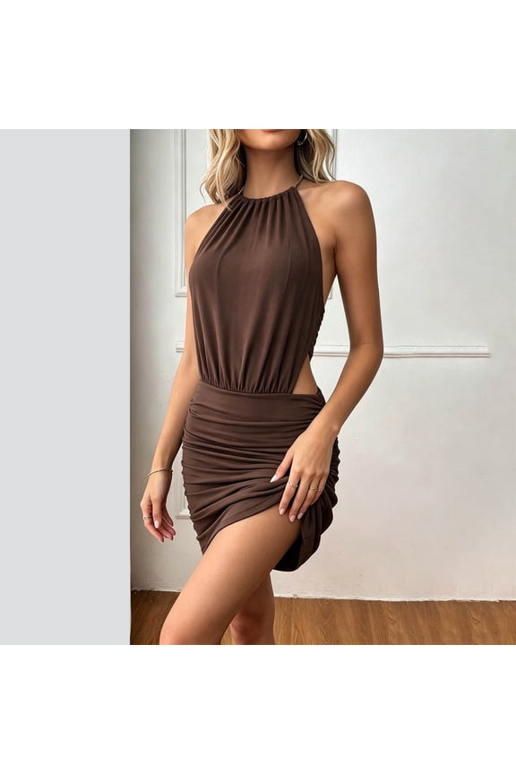 Women's Halter Backless Mini Dress Summer Sleeveless Side Ruched Slit Mini Dress Stretchy Night Out Short Dress