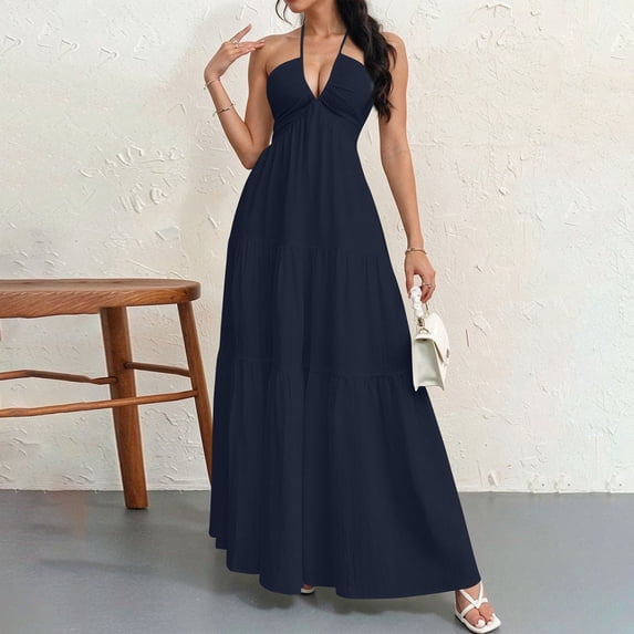 Aimik Women's Halter Tiered Maxi Dress Summer Twist Front Sleeveless Solid Color Maxi Dress Flowy Boho Beach Long Sundress