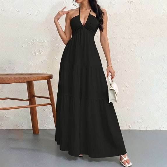 Aimik Women's Halter Tiered Maxi Dress Summer Twist Front Sleeveless Solid Color Maxi Dress Flowy Boho Beach Long Sundress