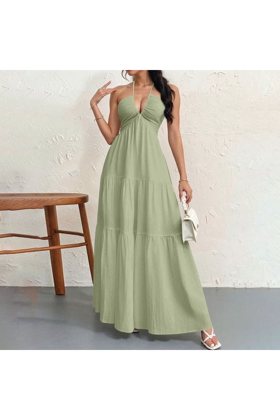 Women's Halter Tiered Maxi Dress Summer Twist Front Sleeveless Solid Color Maxi Dress Flowy Boho Beach Long Sundress