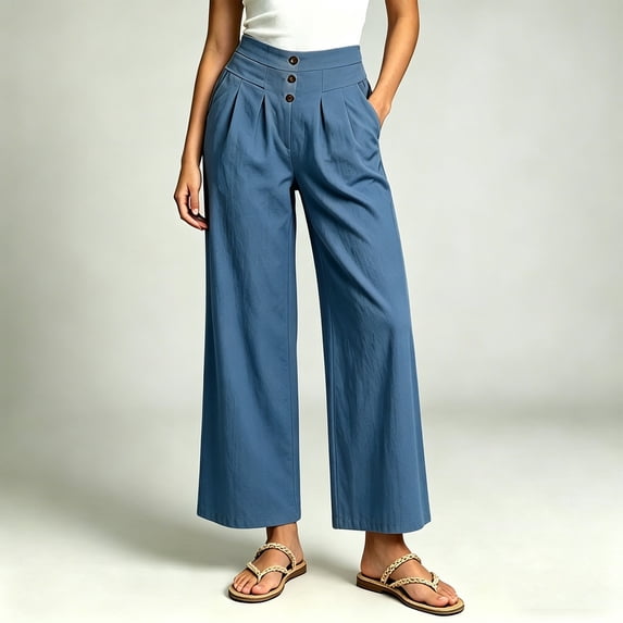 Aimik Women's High Waist Cotton Blend Wide Leg Pants Button Front Casual Trousers with Pleats Breathable Summer Office Wear