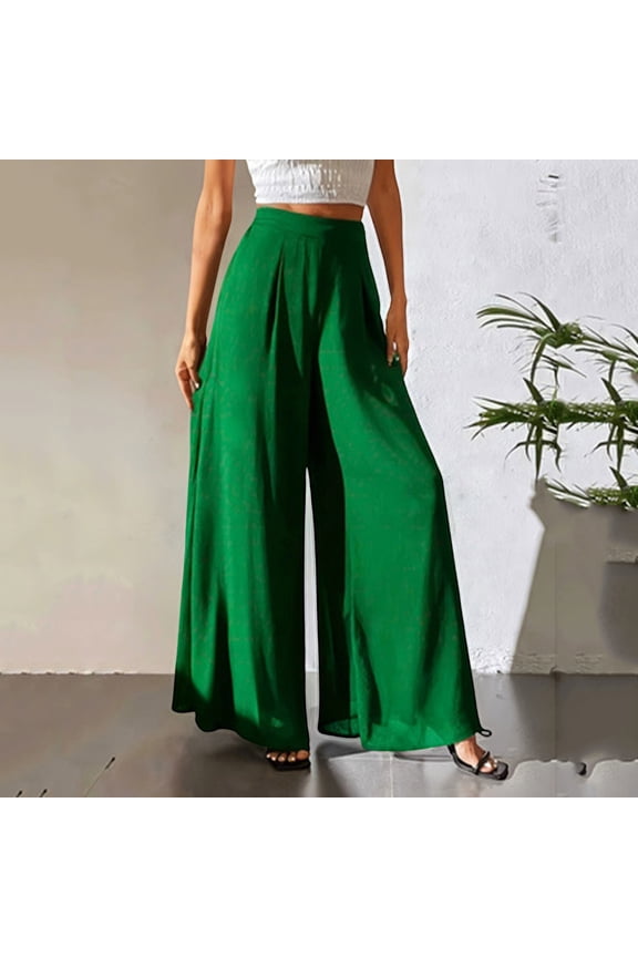Women's High Waist Flowy Wide Leg Pants Pleated Casual Trousers with Pockets Chiffon Trousers Long Pants