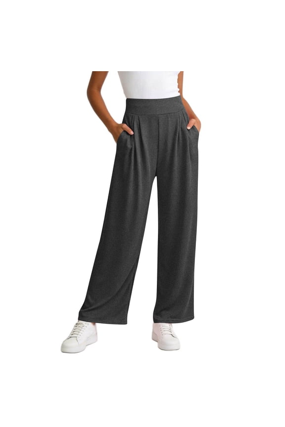 Women's High Waist Pleated Wide Leg Pants Elastic Waist Casual Trousers with Pockets Multi Colors Available
