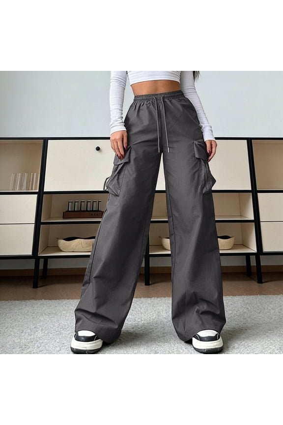 Women's High Waist Plus Size Cargo Pants with Drawstring Wide Leg Streetwear Trousers with Multi Pockets