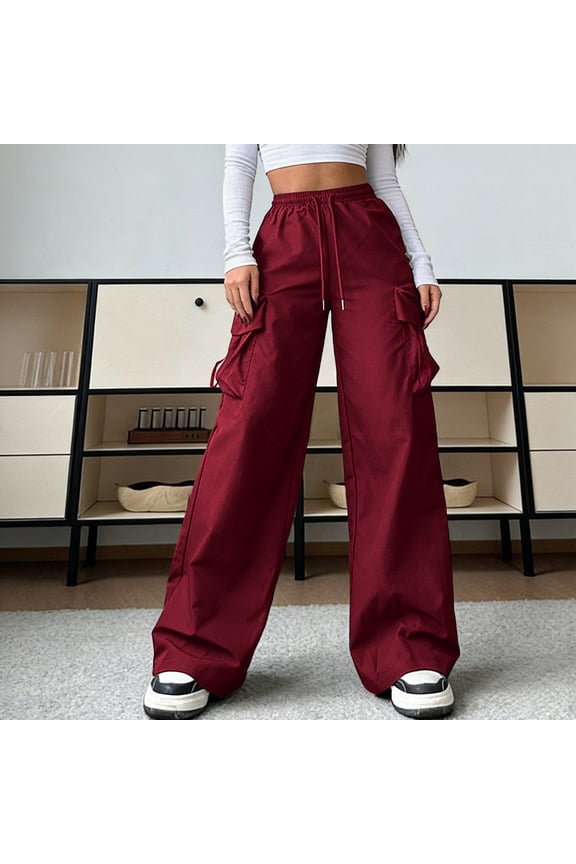Women's High Waist Plus Size Cargo Pants with Drawstring Wide Leg Streetwear Trousers with Multi Pockets