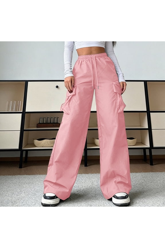Women's High Waist Plus Size Cargo Pants with Drawstring Wide Leg Streetwear Trousers with Multi Pockets