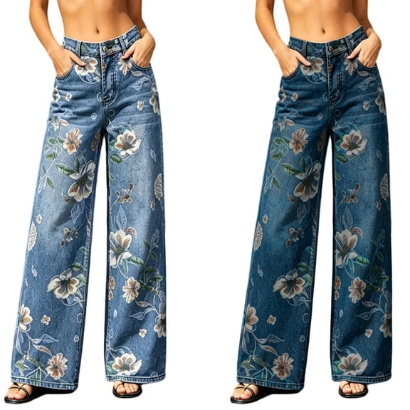 Aimik Women's High Waist Wide Leg Jeans Vintage Romantic Flower Print Loose Fashion Trousers Spring Fall Street Fashion Bottoms