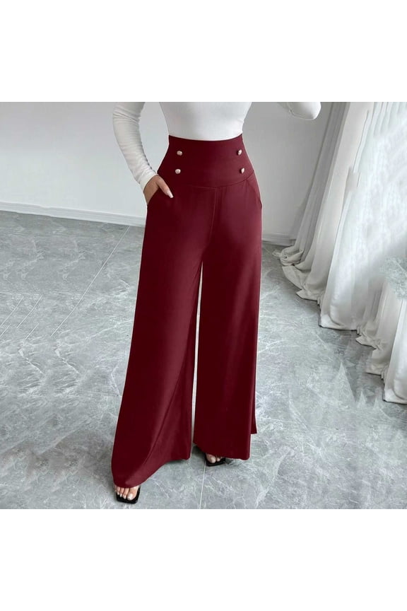 Women's High Waist Wide Leg Pants Double Breasted Button Detail Formal and Office Wear Pants with Pockets