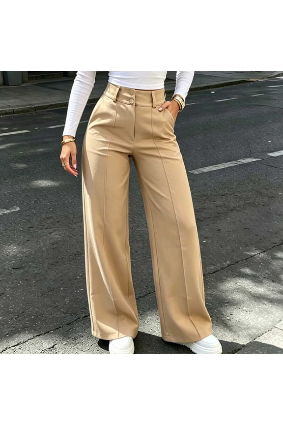 Women's High Waist Wide Leg Pants Double Button Closure with Front Seam Khaki Business Work Trousers With Pockets