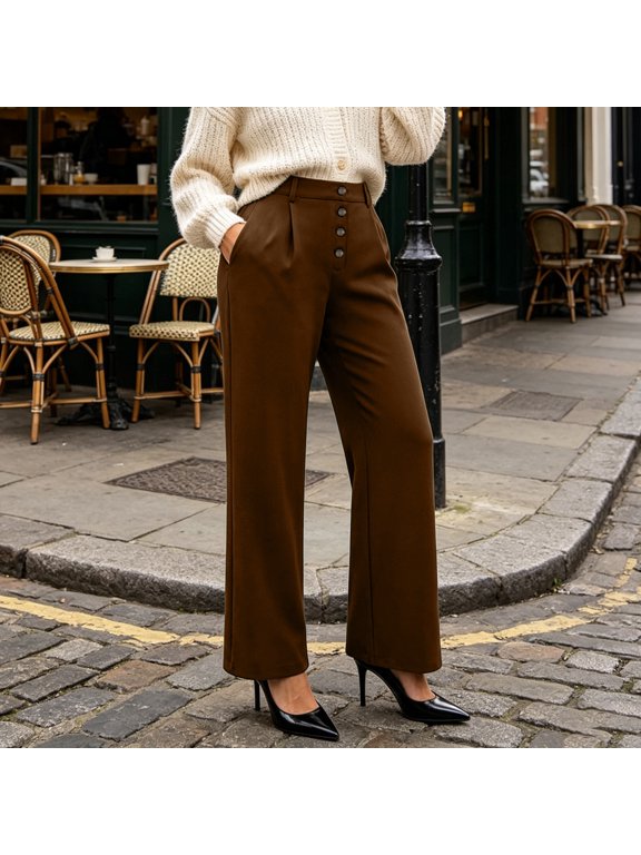 Women's High Waisted Button Fly Wide Leg Pant Loose Fit Suit Pants Pleated Business Casual Trousers with Pockets