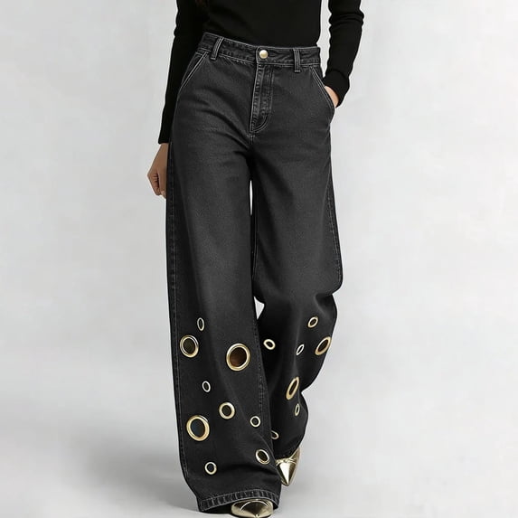 Aimik Women's Hollow Out Eyelet Denim Pants High Waisted Wide Leg Jeans ...