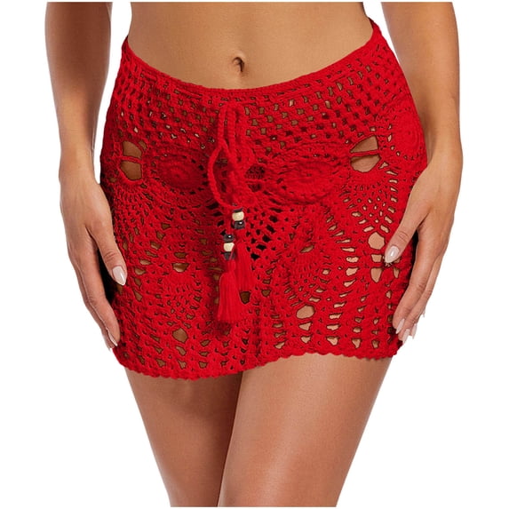 Aimik Women's Hollow Out Knit Swimsuit Beach Cover Up Mini Skirt Casual Bathing Suit Tie Elastic Waist Mini Skirt for Women