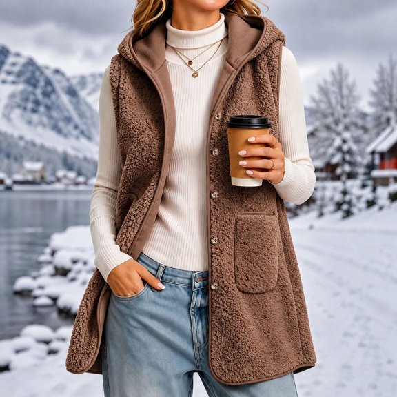 Aimik Women's Hooded Fleece Vest Button Down Sherpa Sleeveless Cardigan Long Coat with Pockets for Fall Winter