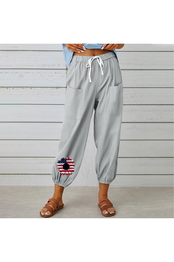 Women's Independence Day Print Solid Color Casual Long Pants Summer Breathable Long Pants with Drawstring and Pockets