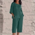 thumbnail image 1 of Aimik Women's Linen Shirt Capri Pant Set Crew Neck Batwing Sleeve Relaxed Daily Outfits Matching Cropped Pants Casual Sets, 1 of 5