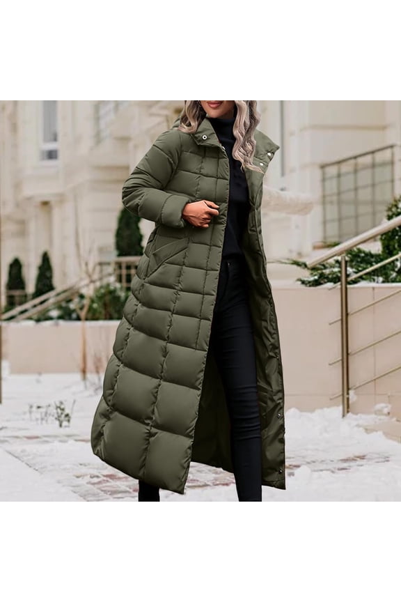 Women's Long Hooded Puffer Coat with Stand Collar and Snap Front Extra Warm Winter Maxi Down Jacket for Cold