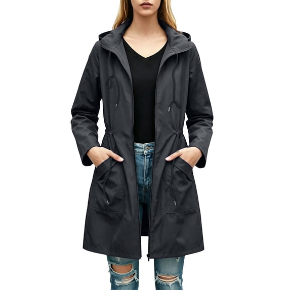 Aimik Women's Long Hooded Zip-Up Coat with Drawstring Waist and Pockets Water-Resistant Fall Trench Coat for Travel