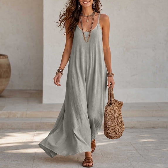 Aimik Women's Loose Flowy Maxi Dress Summer Spaghetti Strap V Neck Solid Maxi Dress Lightweight Beach Vacation Long Sundress