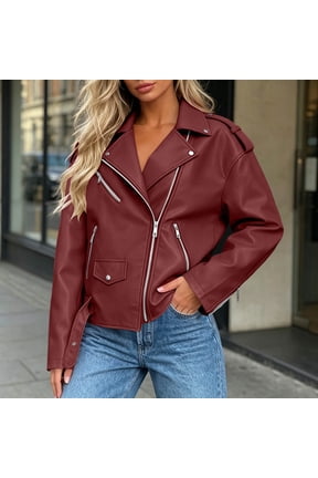 Women's Metallic Faux Leather Moto Jacket Zip Up Long Sleeve Plus Size Biker Coat with Pockets