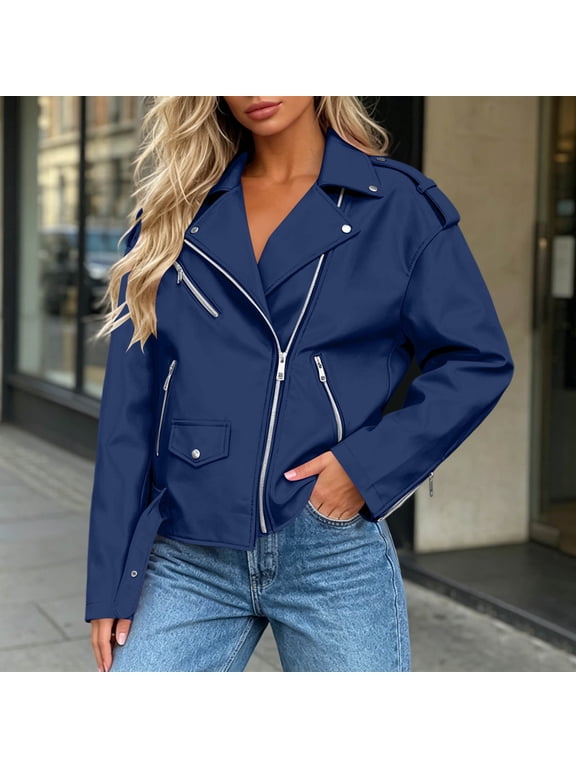 Women's Metallic Faux Leather Moto Jacket Zip Up Long Sleeve Plus Size Biker Coat with Pockets