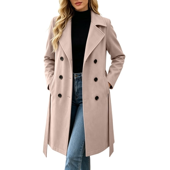 Aimik Women's Mid-Length Double Breasted Wool Blend Coat Lapel Collar Long Sleeve Winter Outerwear with Pockets