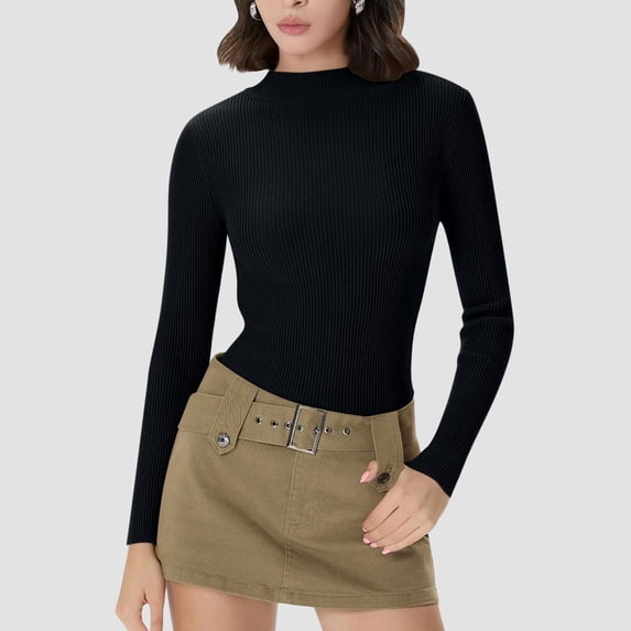 Aimik Women's Mock Neck Ribbed Knit Top Slim Fit Long Sleeve Solid Color Basic Layering Tee Shirt