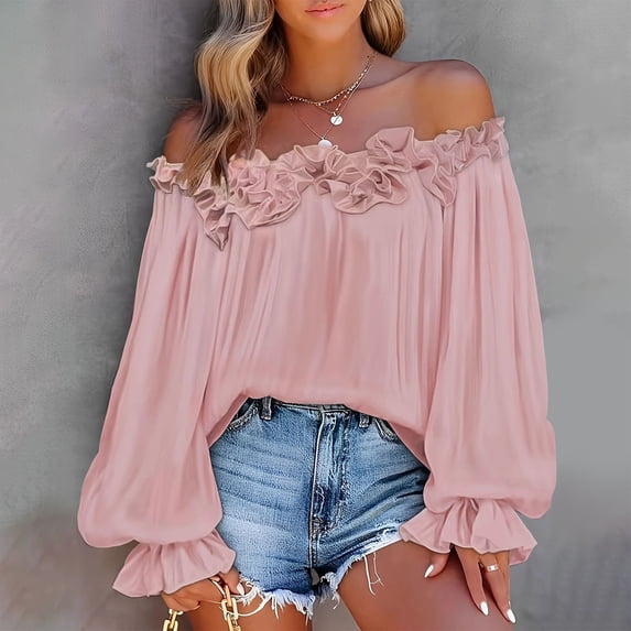 Aimik Women's Off Shoulder Ruffle Chiffon Blouse Summer Solid Long Puff Sleeve Casual Beach Top Loose Soft Comfort Blouse
