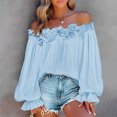 thumbnail image 1 of Aimik Women's Off Shoulder Ruffle Chiffon Blouse Summer Solid Long Puff Sleeve Casual Beach Top Loose Soft Comfort Blouse, 1 of 6