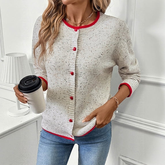 Aimik Women's Open Front Knit Cardigan Lightweight Speckled Sweater with Contrast Red Trim Button Down Loose Fit Outwear for Fall Spring