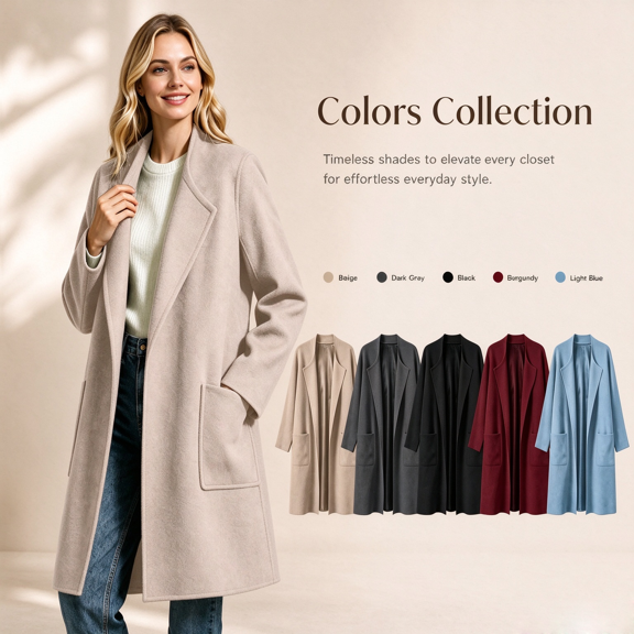 Aimik Women's Open Front Long Cardigan Coat Lapel Collar Wool Blend Overcoat with Pockets Casual Fall Winter Outerwear