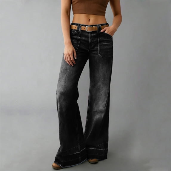 Aimik Women's Patch Pocket Wide Leg Jeans Vintage Wash Denim Trousers High Waist Loose Pants with Belt Loops for Casual Daily