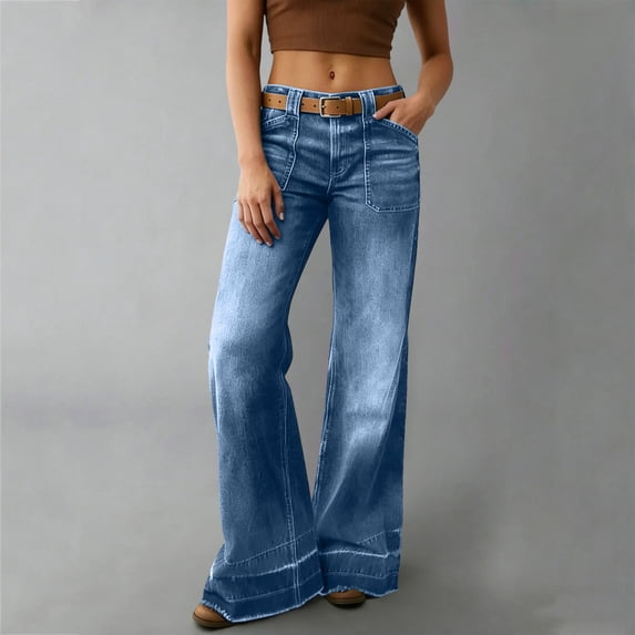 Aimik Women's Patch Pocket Wide Leg Jeans Vintage Wash Denim Trousers High Waist Loose Pants with Belt Loops for Casual Daily