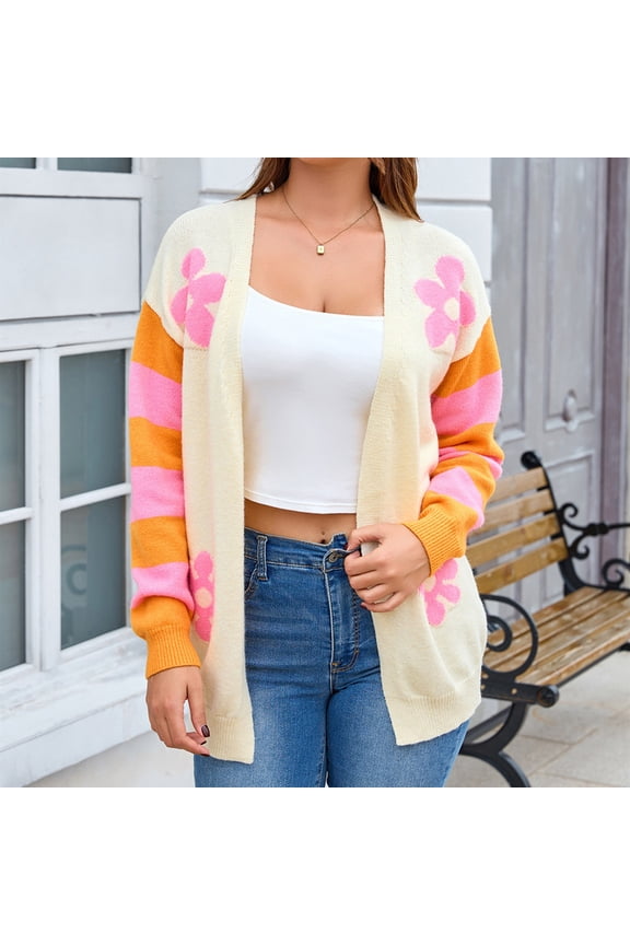 Women's Patchwork Knit Cardigan Lightweight Color Block Open Front Sweater with Contrast Pockets Trendy Loose Fit Outwear for Fall