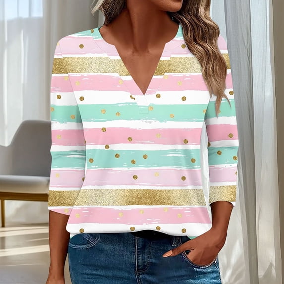 Aimik Women's Pattern Top Summer Printed V Neck 3/4 Sleeve Streetwear Blouse Soft Comfort Plus Size Tee
