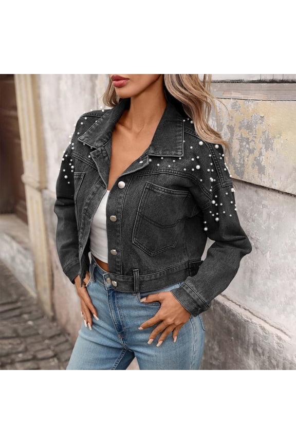 Women's Pearl Embellished Denim Jacket Cropped Button Down Long Sleeve Streetwear Coat