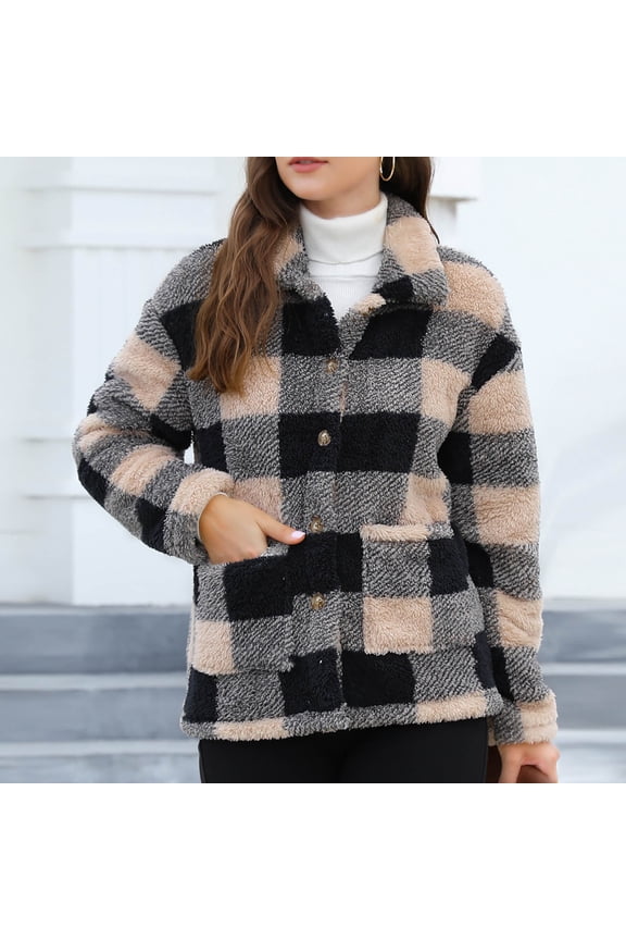 Women's Plaid Sherpa Fleece Shacket with Button Front and Patch Pockets Casual Buffalo Check Jacket Coat