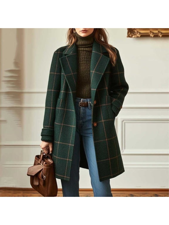 Women's Plaid Wool Blend Pea Coat with Lapel Collar Classic Mid Length Jacket for Formal and Daily Wear