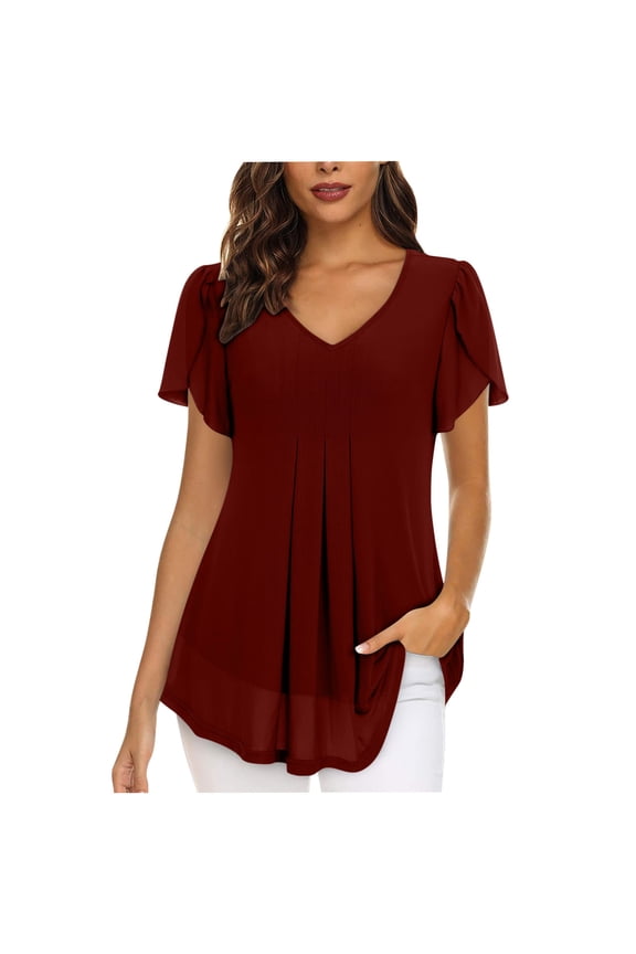 Women's Pleated Flowy Tunic Tops Summer Solid V Neck Flutter Short Sleeve A Line Daily Blouses Soft Comfy Casual Tops