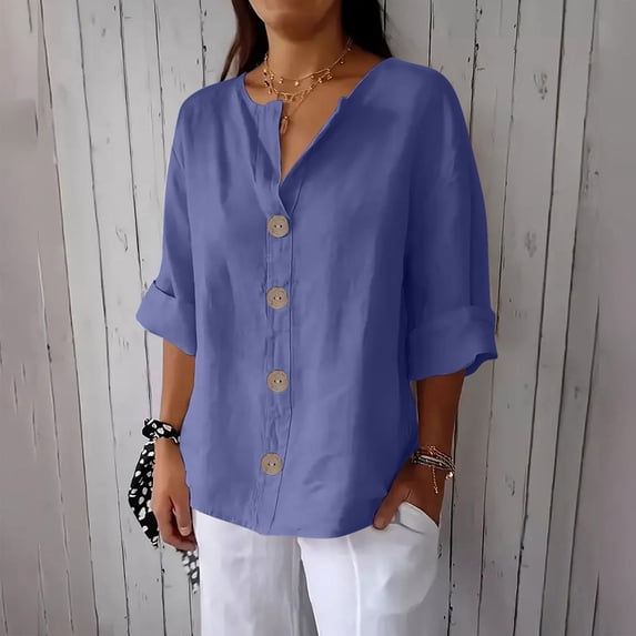Aimik Women's Plus Size Button Down Top Summer Solid Split V Neck Roll 3/4 Sleeve Casual Weekend Blouse Loose Lightweight Shirt