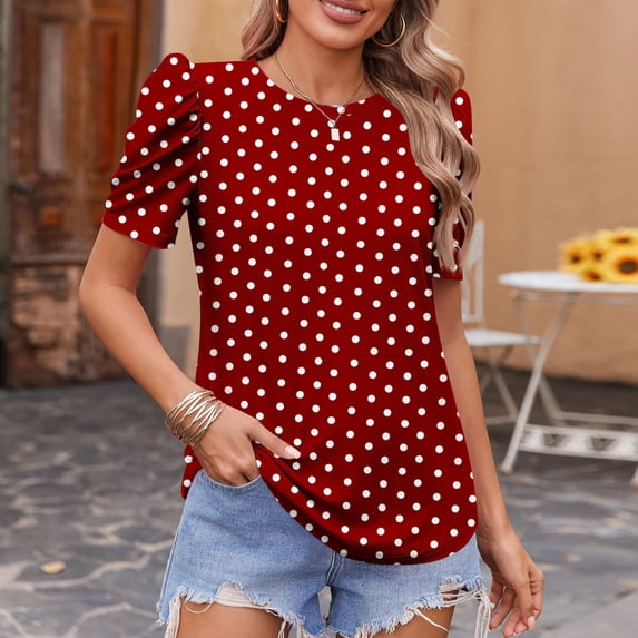 Aimik Women's Polka Dot Print Blouse Summer Round Neck Puff Short Sleeve Daily Shirts Lightweight Loose Casual Shirt Tops