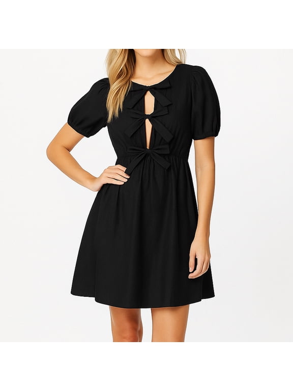 Women's Puff Short Sleeve Round Neck Black Knee-Length Dress with Bow Tie Summer Crew Neck Loose Casual Short Dress