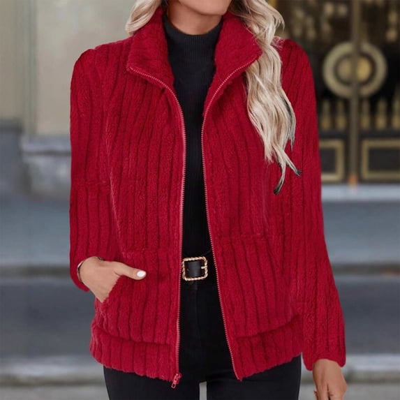 Aimik Women's Ribbed Knit Full Zip Up Cardigan Sweater Cozy Chunky Fleece Jacket with Pockets Casual Outerwear