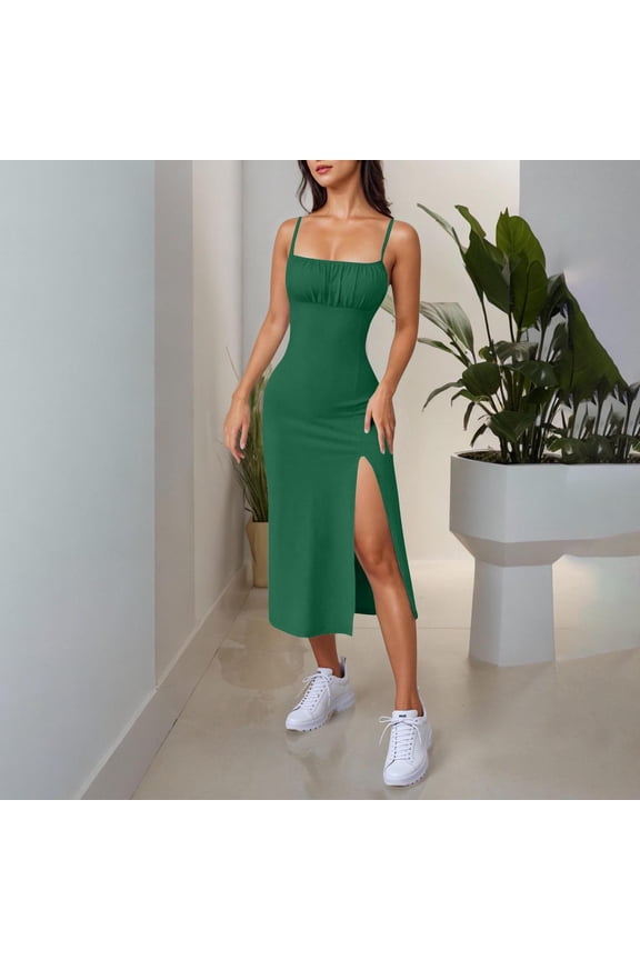 Women's Ribbed Spaghetti Strap Midi Dress Summer Solid Square Neck Ruched High Slit Bodycon Dress Stretchy Slim Daily Dress