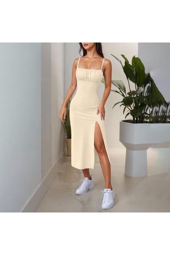 Women's Ribbed Spaghetti Strap Midi Dress Summer Solid Square Neck Ruched High Slit Bodycon Dress Stretchy Slim Daily Dress
