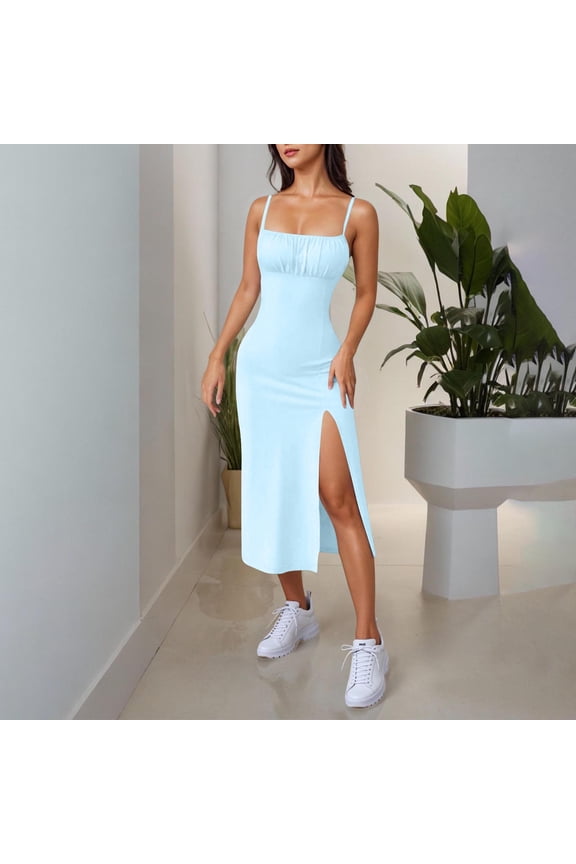Women's Ribbed Spaghetti Strap Midi Dress Summer Solid Square Neck Ruched High Slit Bodycon Dress Stretchy Slim Daily Dress