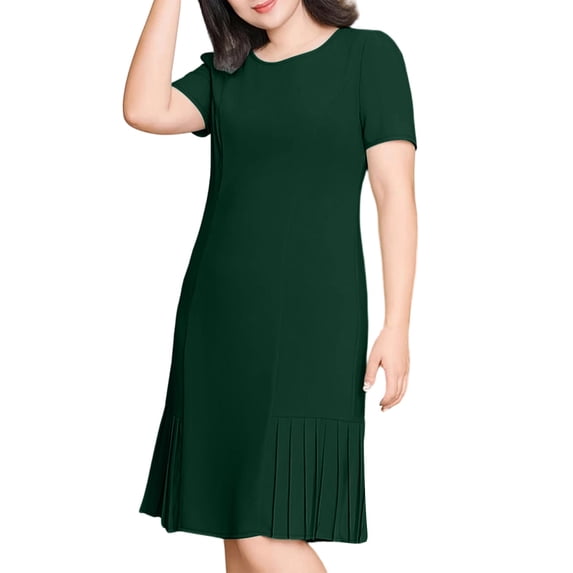 Aimik Women's Round Neck Short Sleeve Pleated Bottom Midi Dress Solid Color A-Line Workwear Dress Summer Dresses for Women