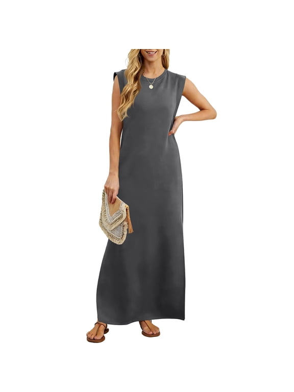 Women's Round Neck Sleeveless Solid Color Maxi Dress Relaxed Fit Straight Long Summer Shift Dress