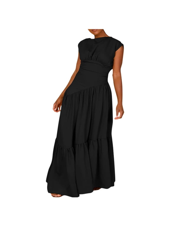 Women's Ruched Waist Tiered Maxi Dress Short Sleeve Pleated A-Line Swing Long Dress Summer Dresses for Women